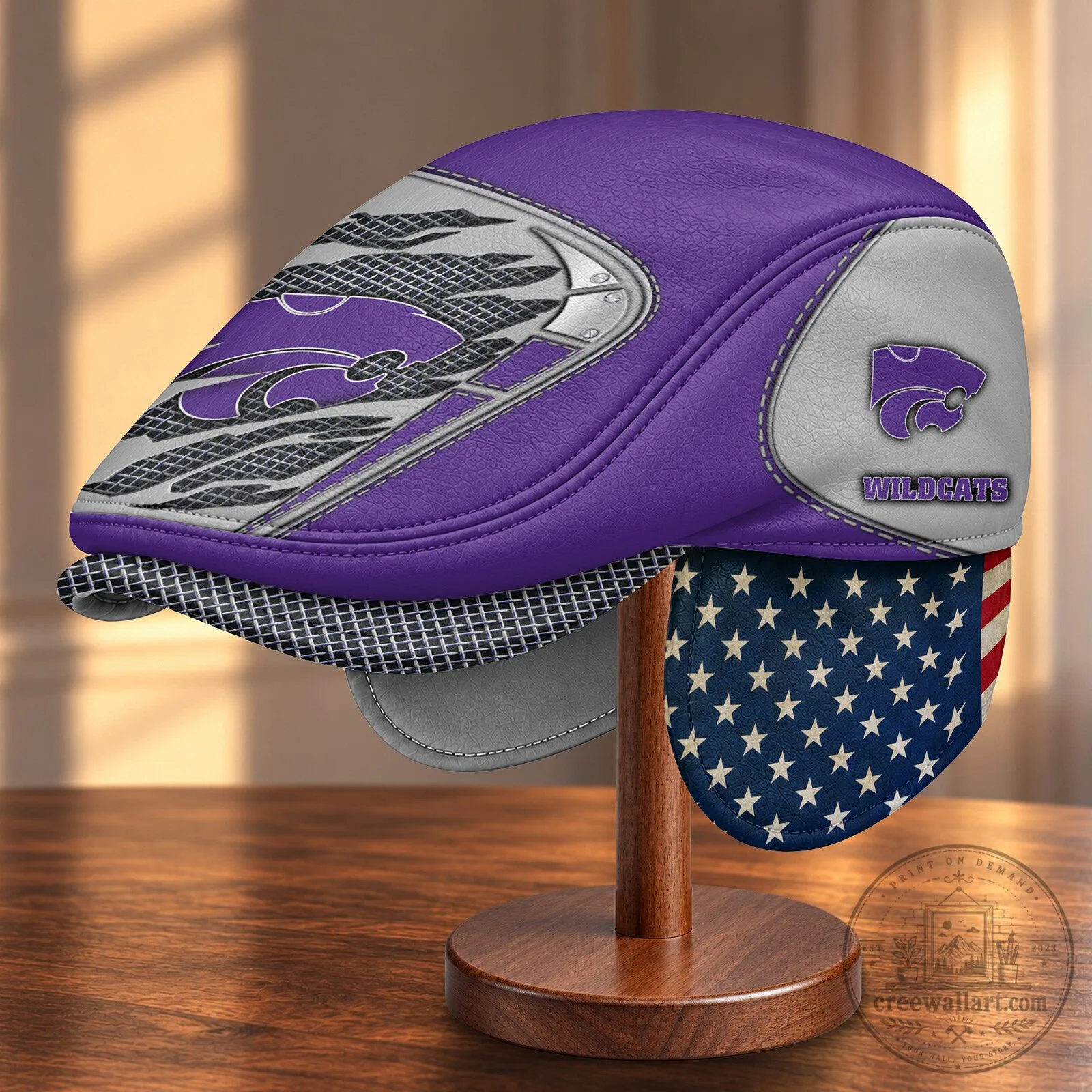 Kansas State Wildcats NCAA Flat Cap with Foldable Ear Flaps and American Flag Design