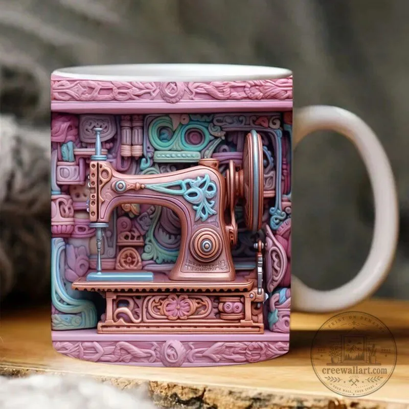 Vintage Sewing Machine Pattern Mug, Retro Seamstress Crafting Coffee Cup