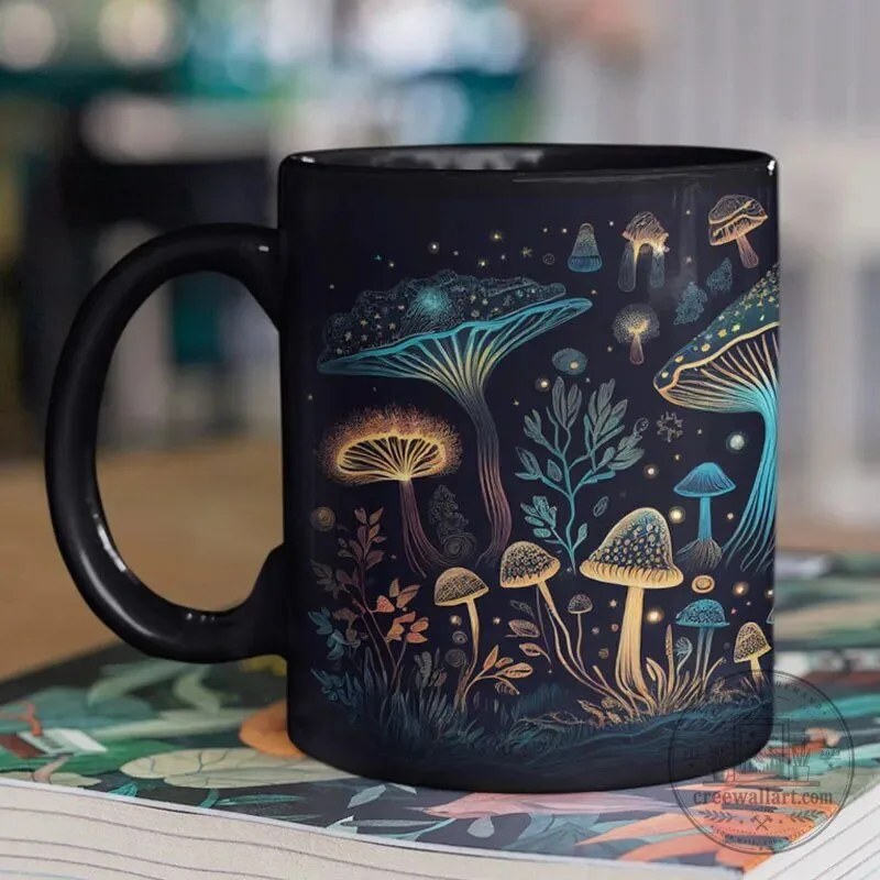 Bioluminescent Fungi Magic Mushroom Forest Black Coffee Mug