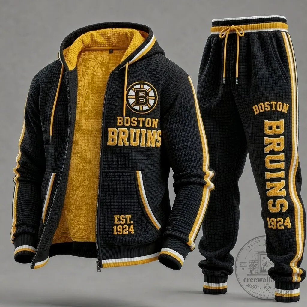 Boston Bruins Black and Yellow Waffle Texture Full-Zip Hoodie and Sweatpants Tracksuit Set