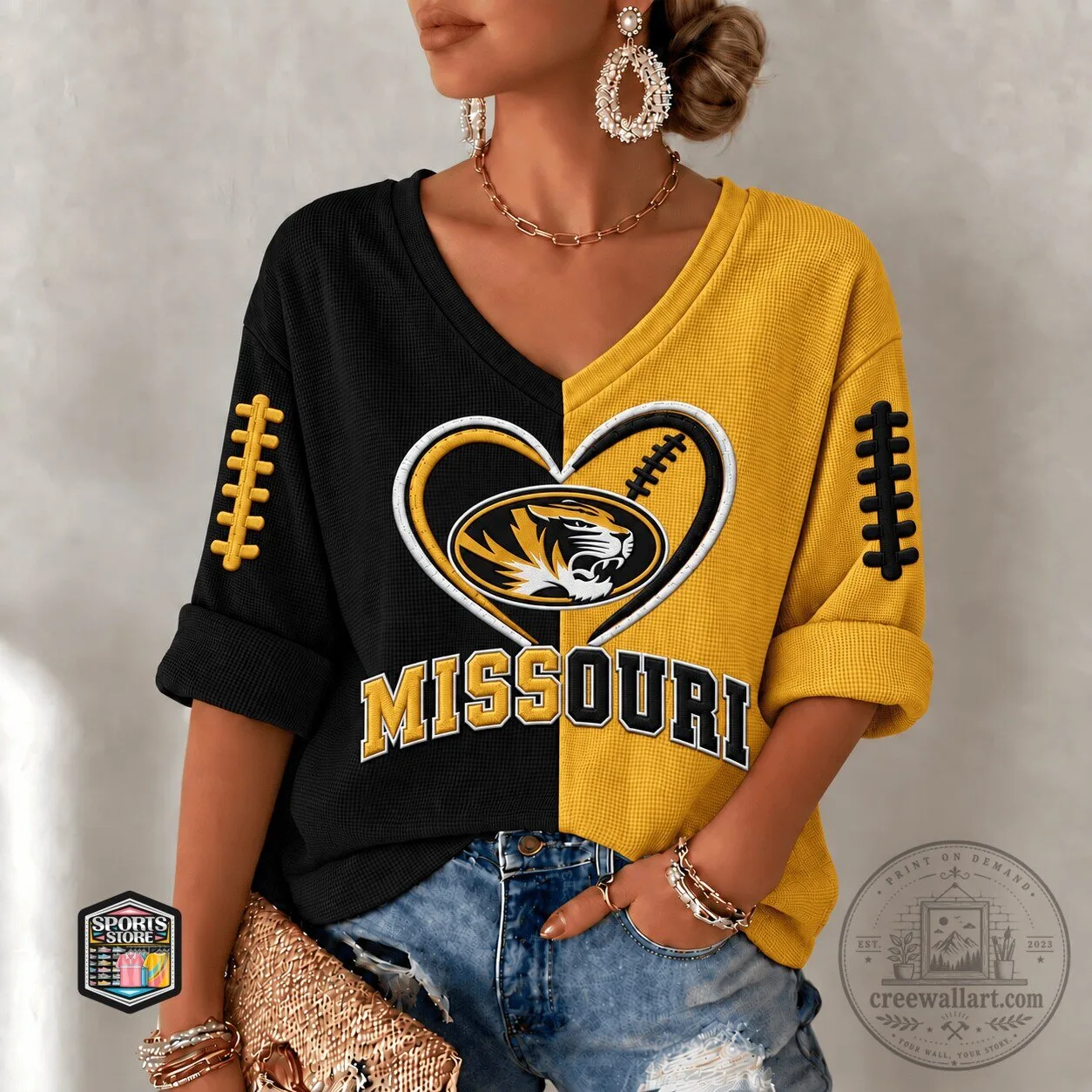 Missouri Tigers Football Heart Embroidered V-Neck Long-Sleeve Shirt