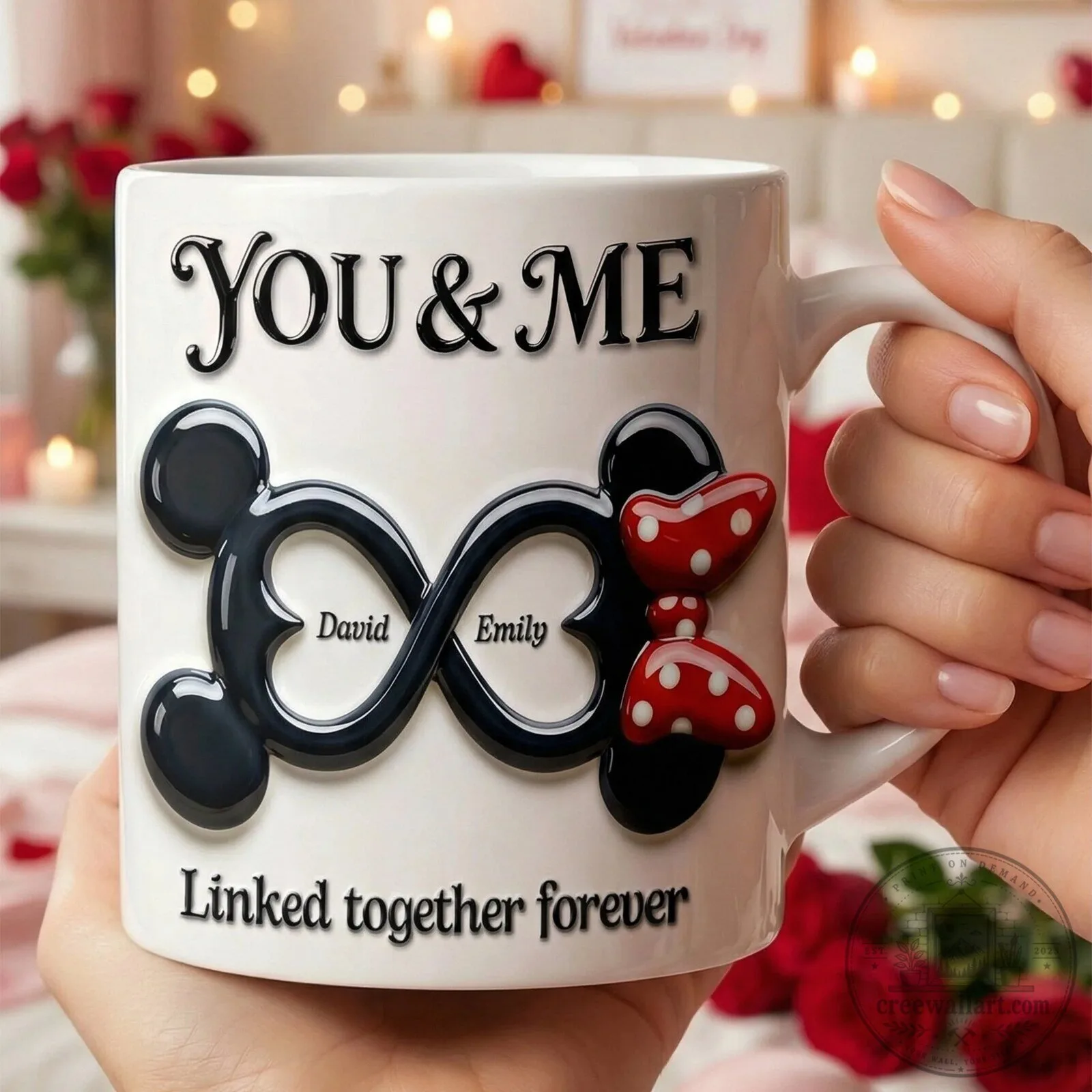 Personalized Mickey and Minnie Mouse Linked Together Forever Coffee Mug