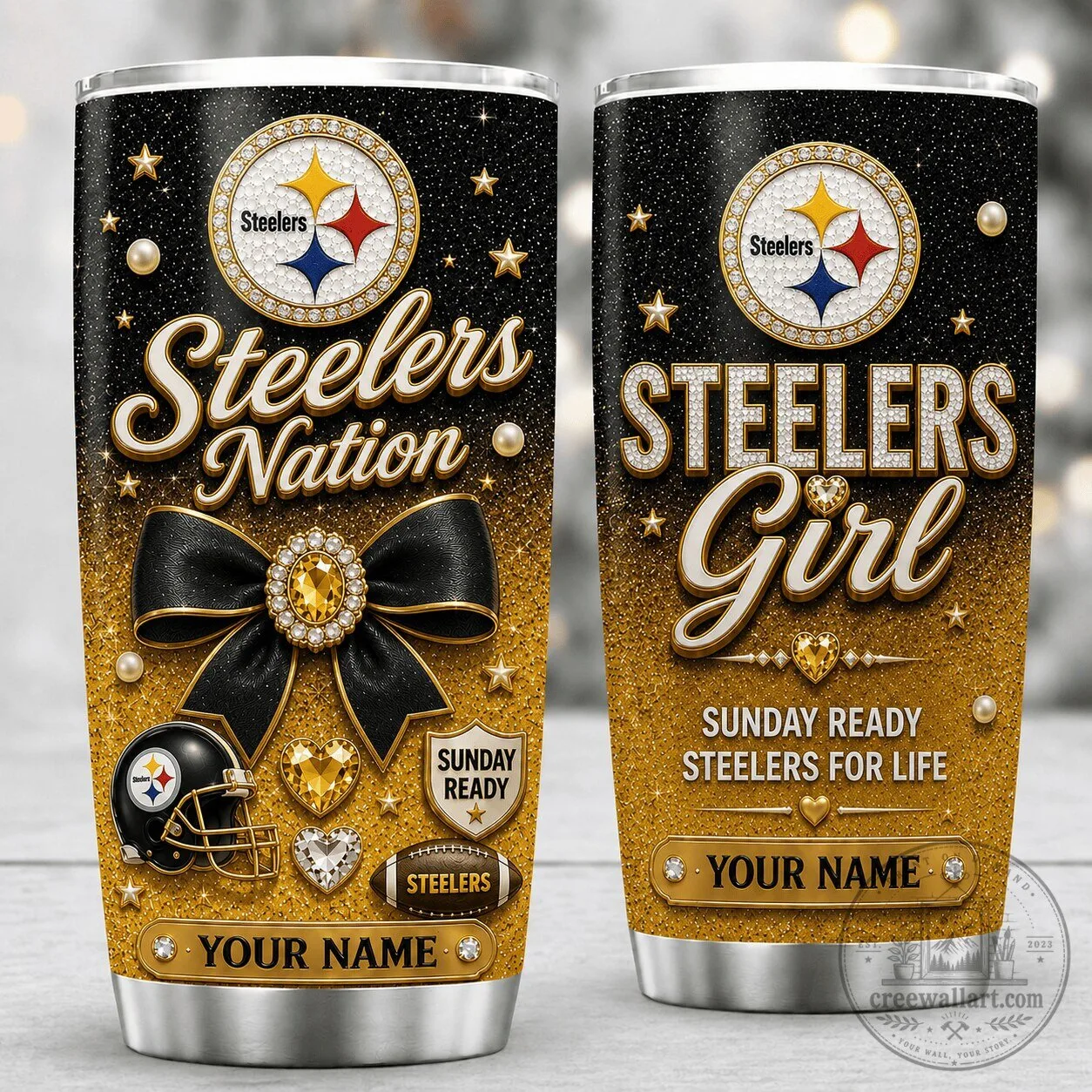 Pittsburgh Steelers Nation Gold Glitter Custom Name Stainless Steel Tumbler