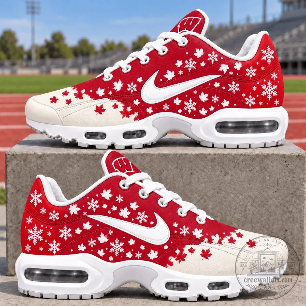 Wisconsin Badgers Autumn Leaves and Snowflakes Holiday Sneakers Wisconsin Badgers Autumn Leaves and Snowflakes Holiday Sneakers