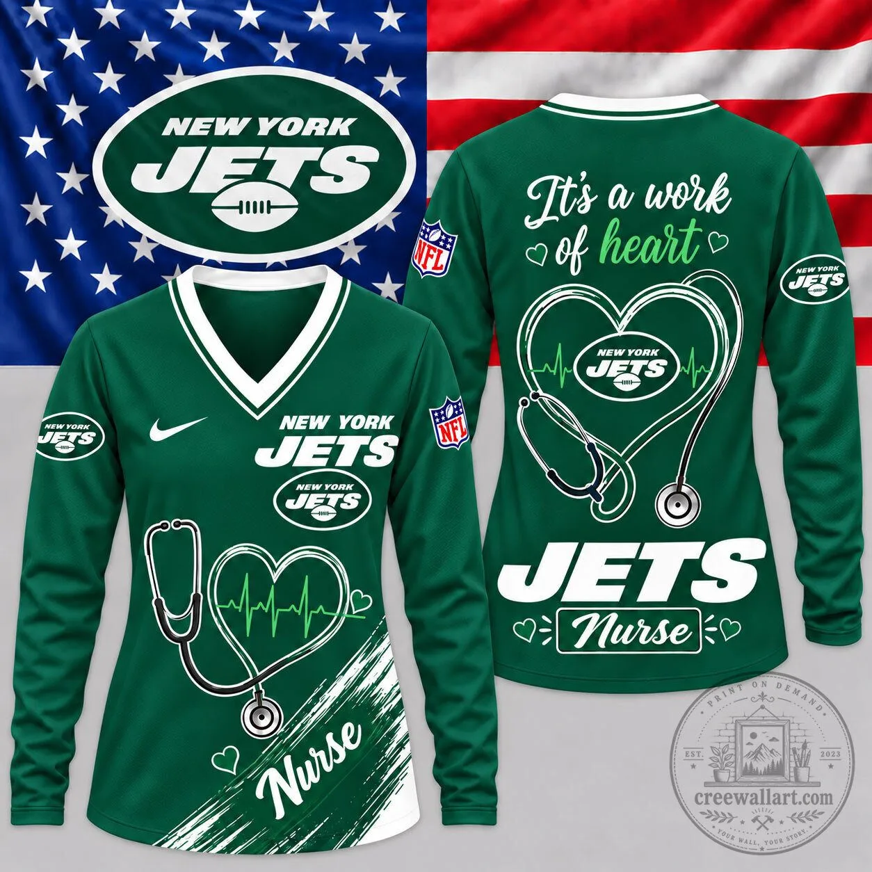 New York Jets Nurse Heartbeat Pride V-Neck Long Sleeve Shirt