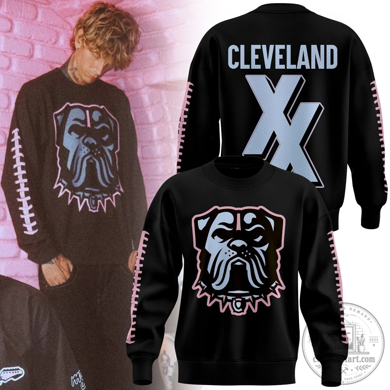 Cleveland Browns Machine Gun Kelly Bulldog Logo Black Crewneck Sweatshirt