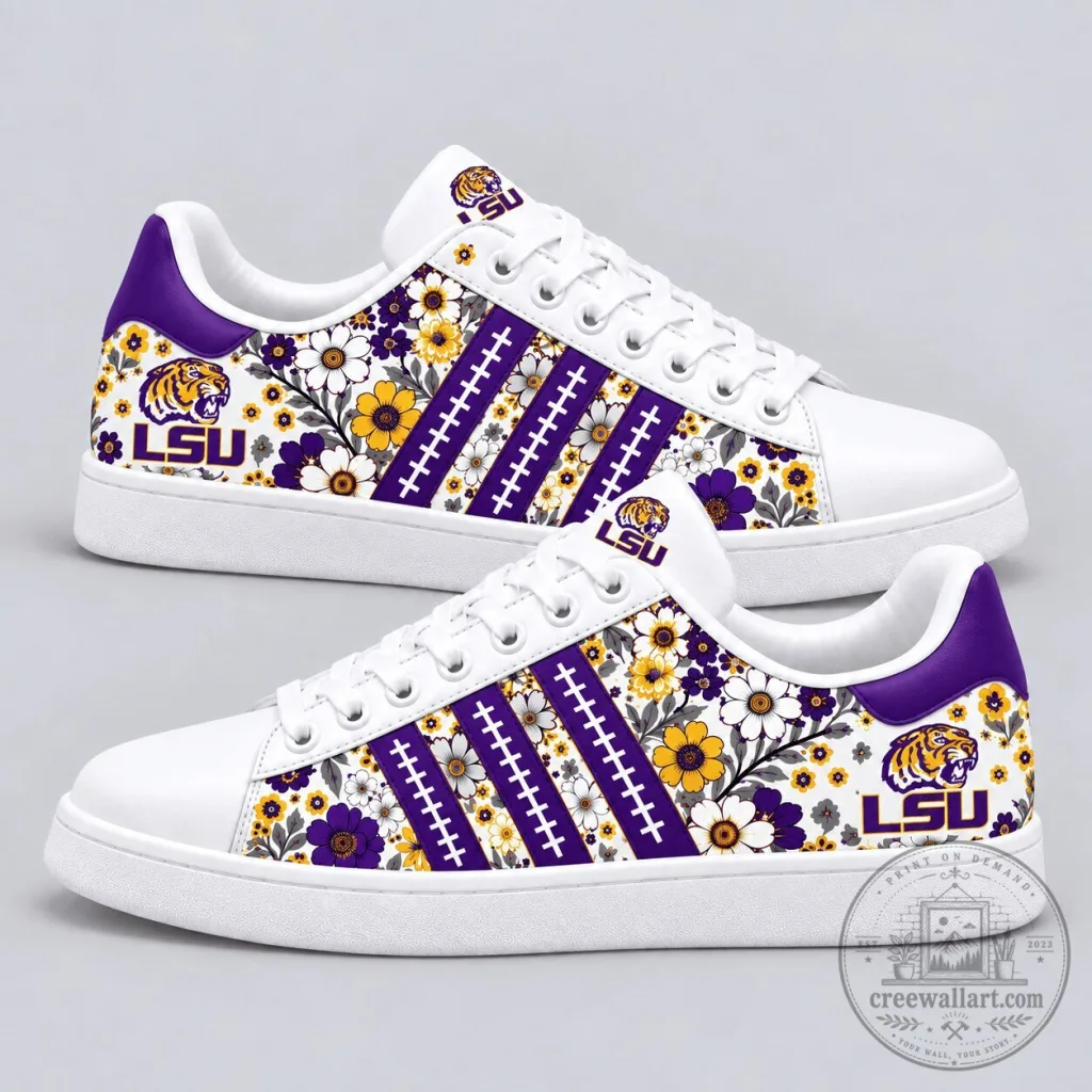 LSU Tigers Floral Pattern Football Stripes White and Purple Casual Shoes LSU Tigers Floral Pattern Football Stripes White and Purple Casual Shoes