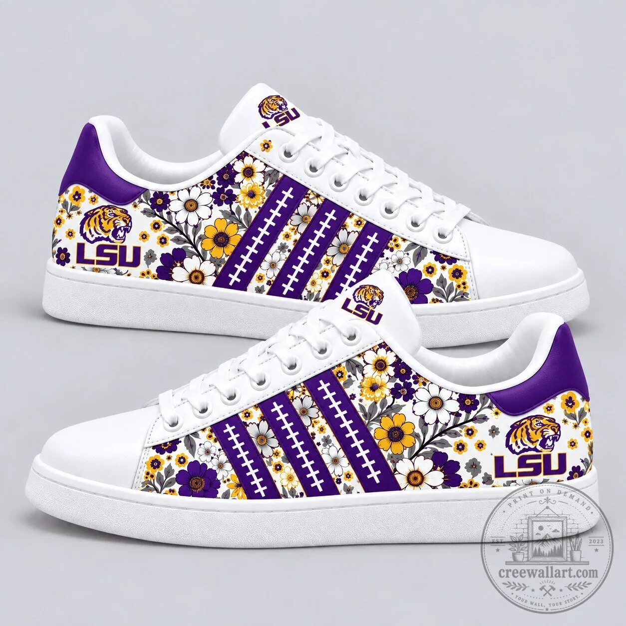 LSU Tigers Floral Pattern Football Stripes White and Purple Casual Shoes