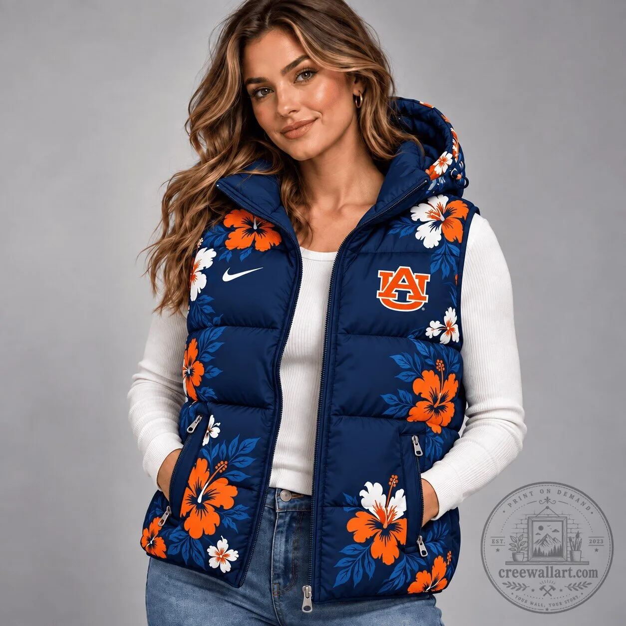 Auburn Tigers NCAA Floral Print Hooded Puffer Vest for Women