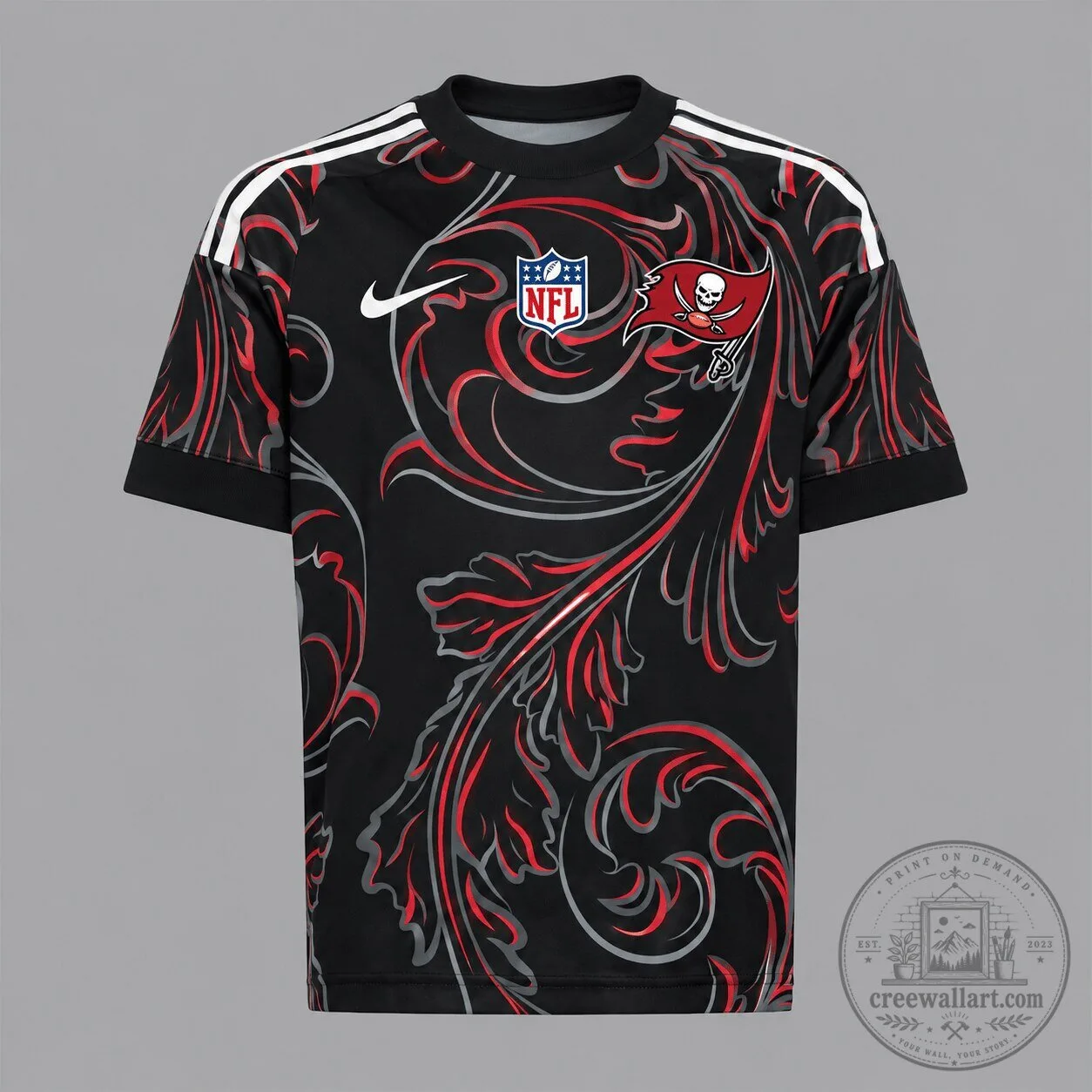 Tampa Bay Buccaneers NFL Football Team Black Red Floral Pattern Short Sleeve T-Shirt 1 Tampa Bay Buccaneers NFL Football Team Black Red Floral Pattern Short Sleeve T-Shirt