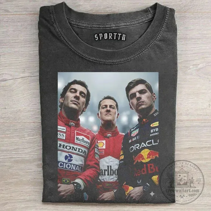 Formula 1 Legends T-Shirt featuring Max Verstappen, Ayrton Senna, and Michael Schumacher