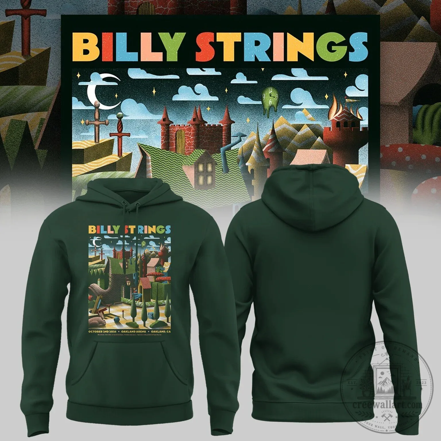Billy Strings Tour 2024 Oakland Arena Dark Green Pullover Hoodie