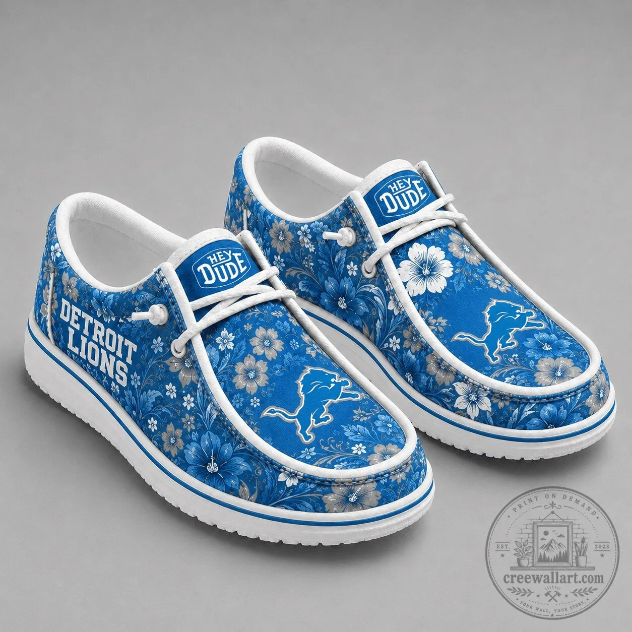 Detroit Lions Floral Pattern Blue and White Casual Shoes for Men