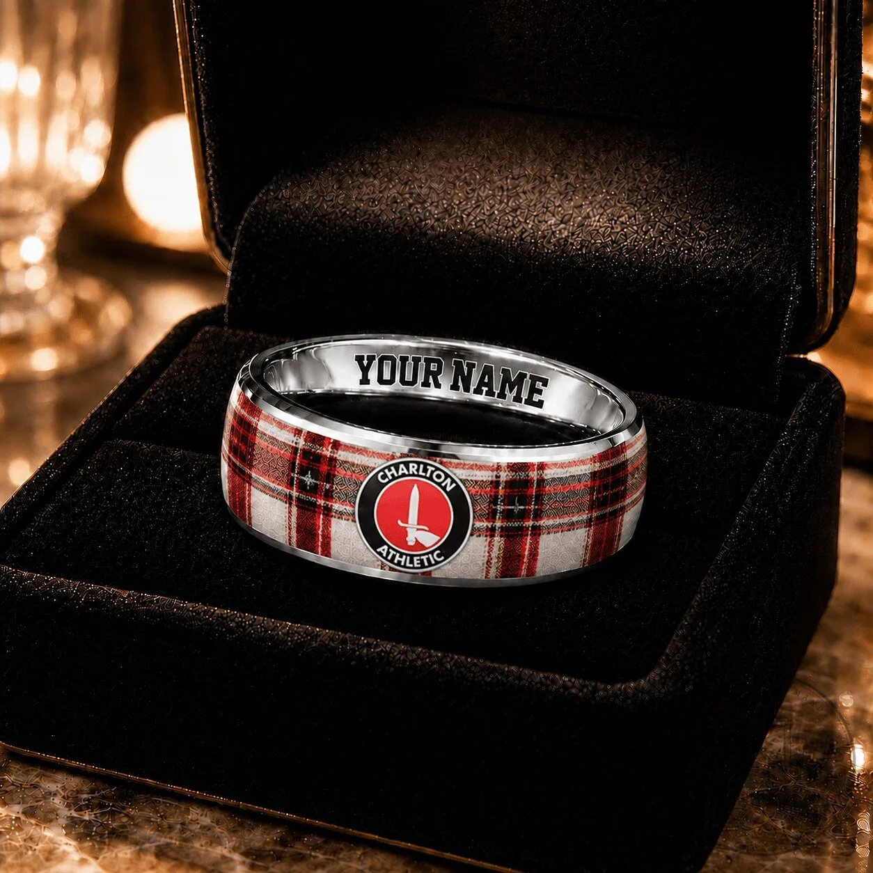 Charlton Athletic Football Club Plaid Pattern Custom Name Ring