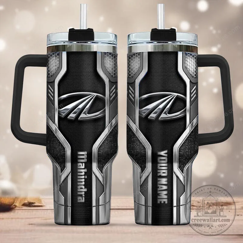 Mahindra Logo Personalized Black and Silver Stainless Steel Tumbler with Handle