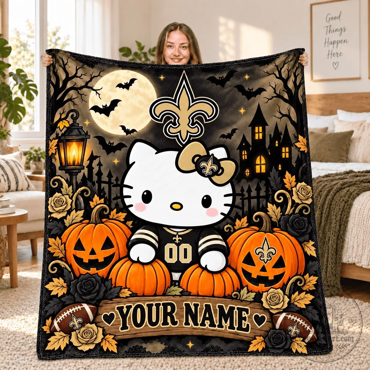 Hello Kitty New Orleans Saints Halloween Fleece Blanket Custom Name