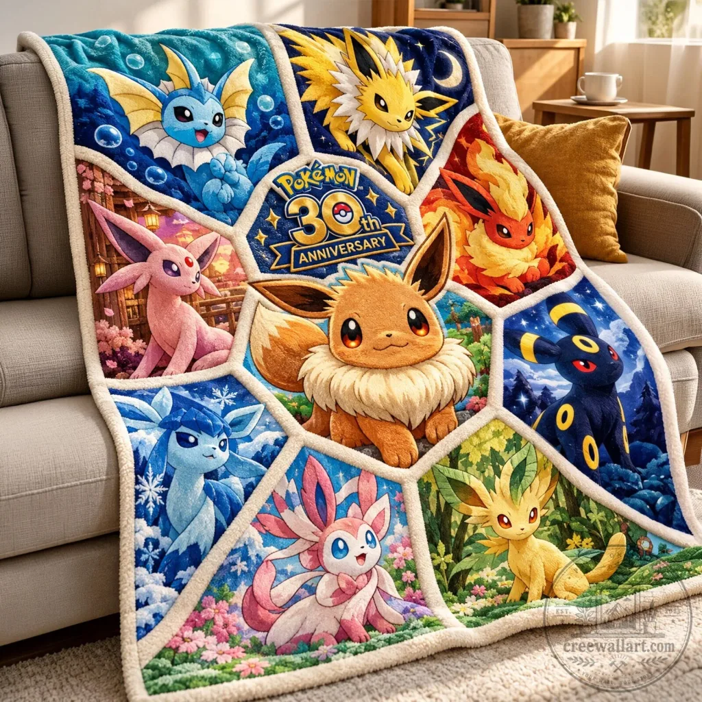Pokemon 30th Anniversary Eevee Evolution Sherpa Fleece Blanket Pokemon 30th Anniversary Eevee Evolution Sherpa Fleece Blanket