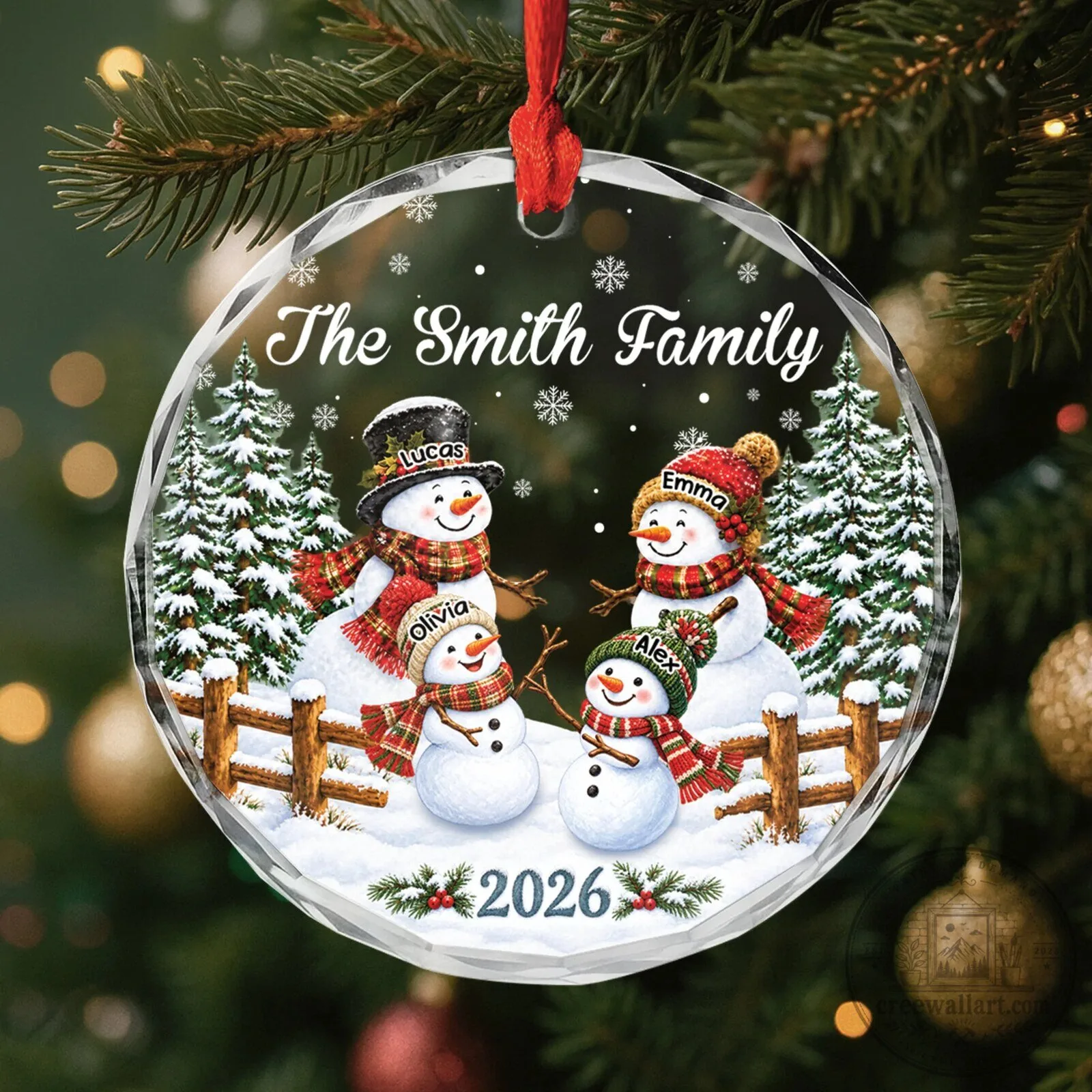 Personalized Snowman Family Christmas Tree Ornament with Custom Names and Year