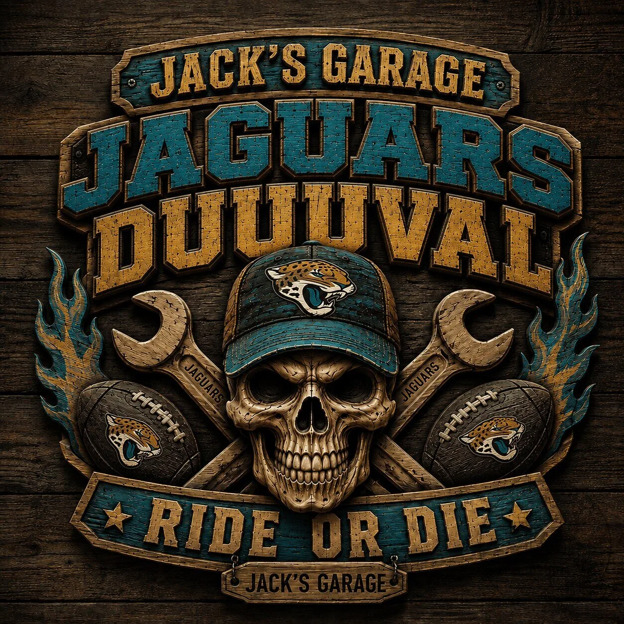 Jacksonville Jaguars Duuuval Skull Ride or Die Wooden Garage Sign