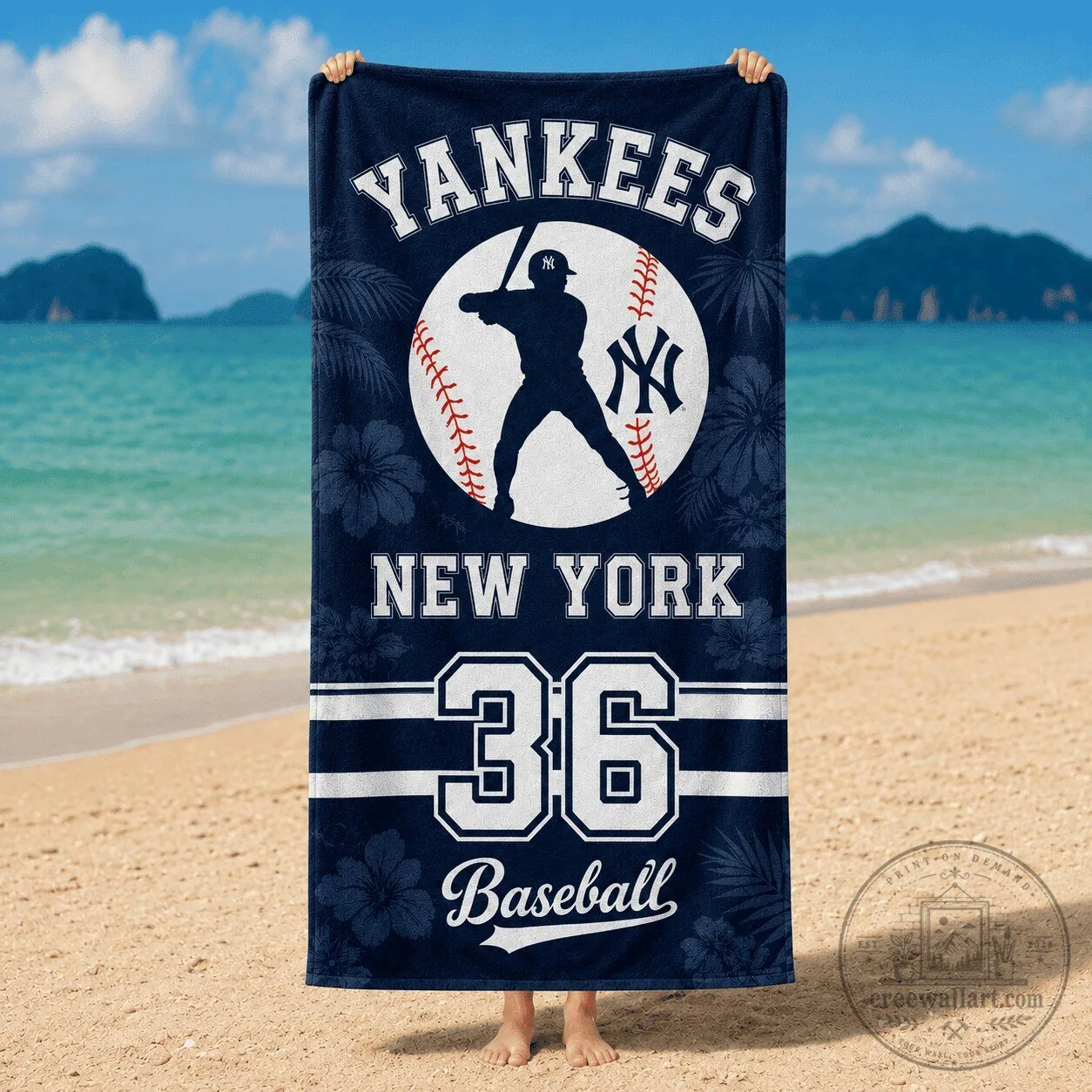 New York Yankees Baseball Player Silhouette Number 36 Tropical Beach Towel
