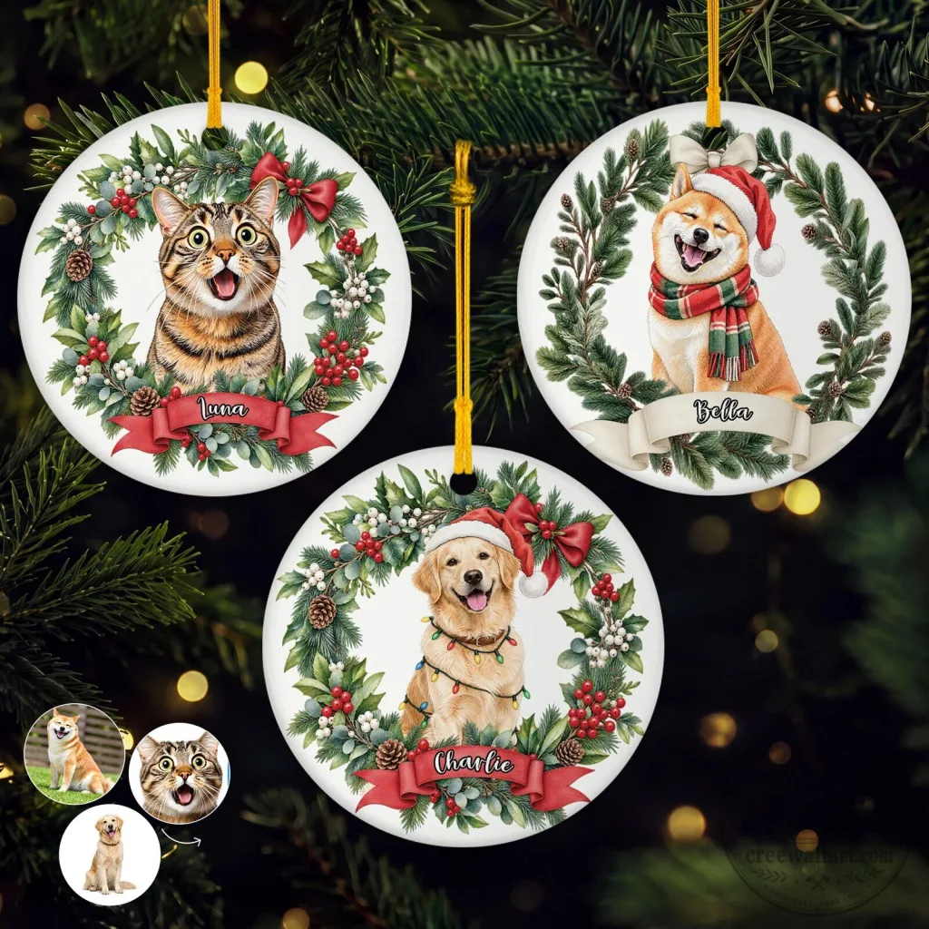 Personalized Pet Photo Christmas Ornament with Wreath Design Personalized Pet Photo Christmas Ornament with Wreath Design