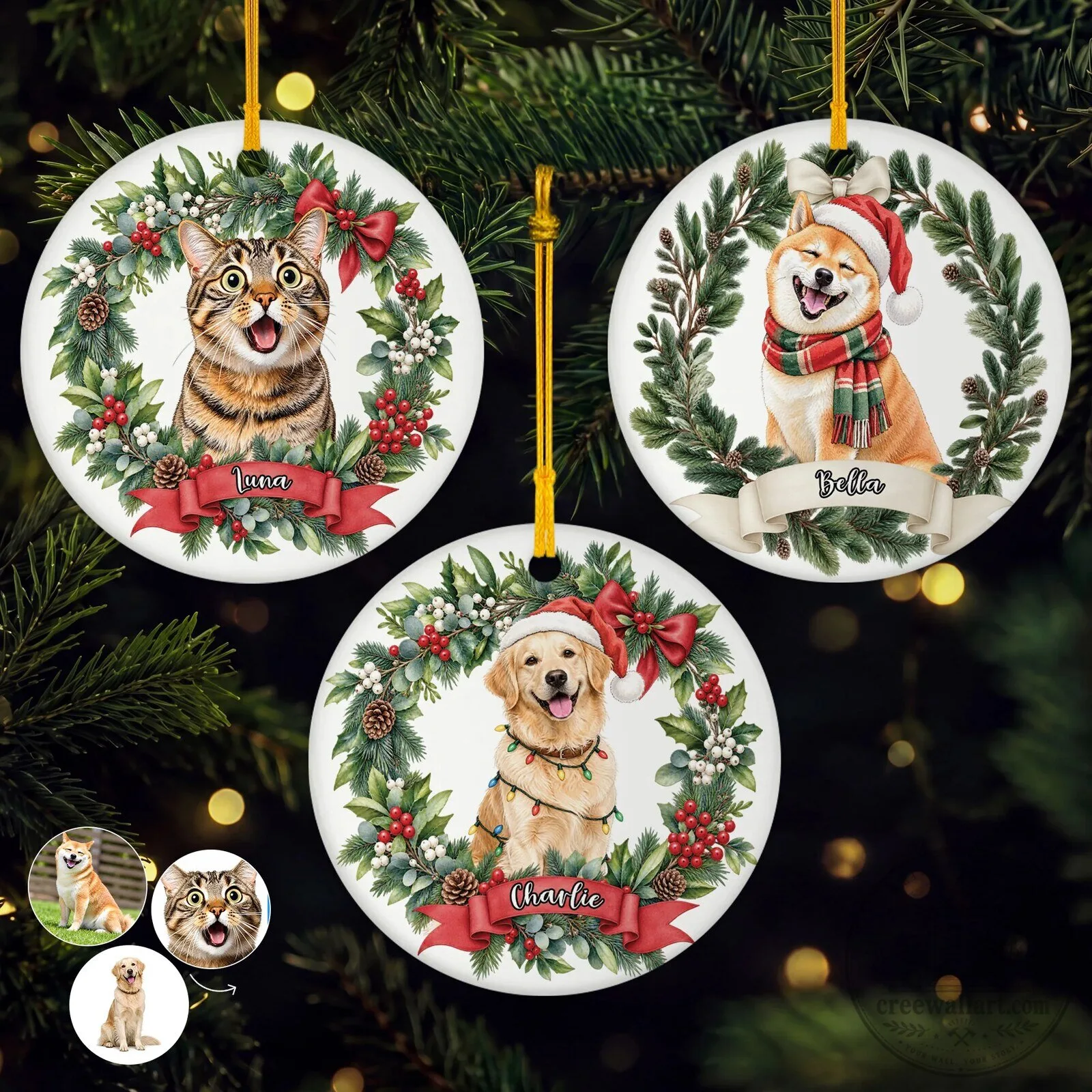 Personalized Pet Photo Christmas Ornament with Wreath Design