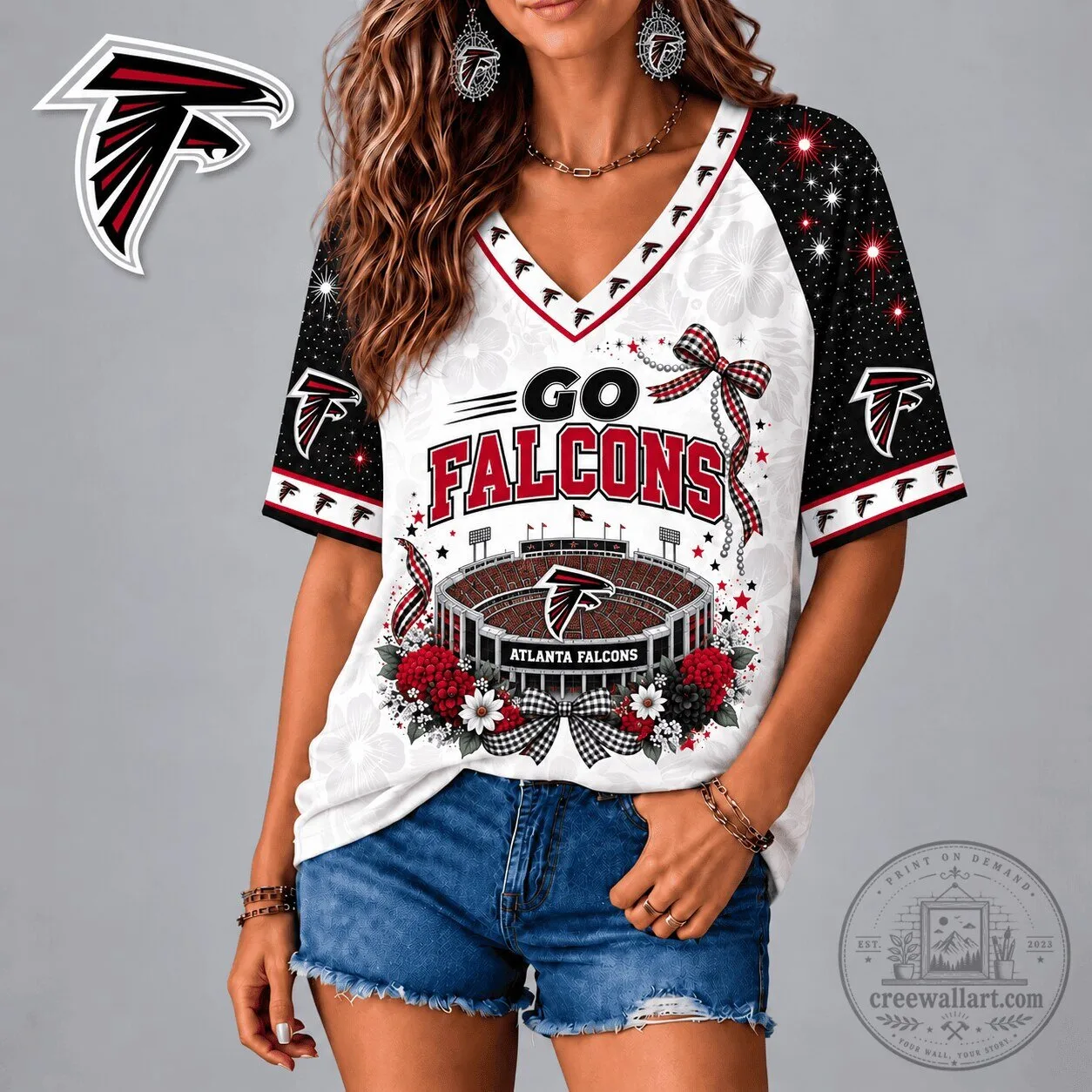 Atlanta Falcons Patriotic Floral Bow V-Neck Football Game Day T-Shirt