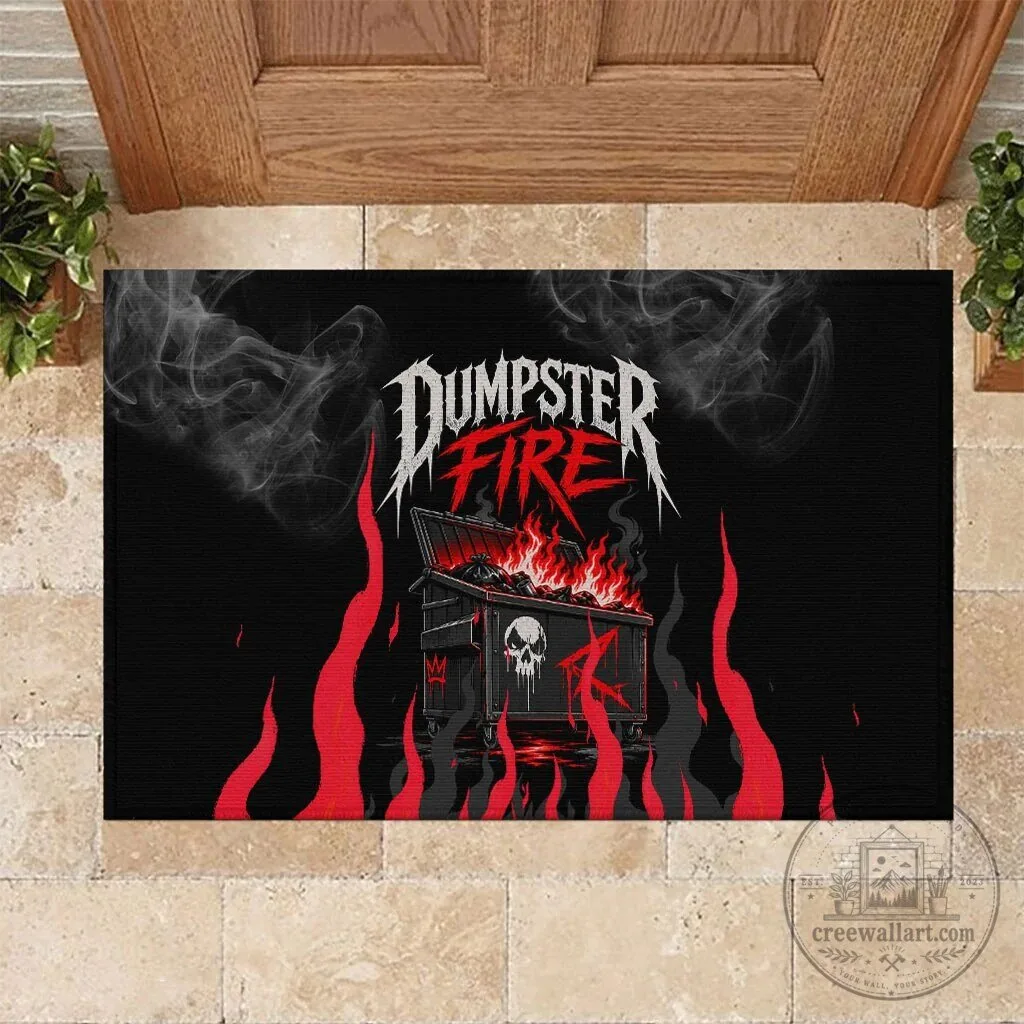 Dumpster Fire Everything Is Fine Heavy Metal Skull Sarcastic Art Doormat