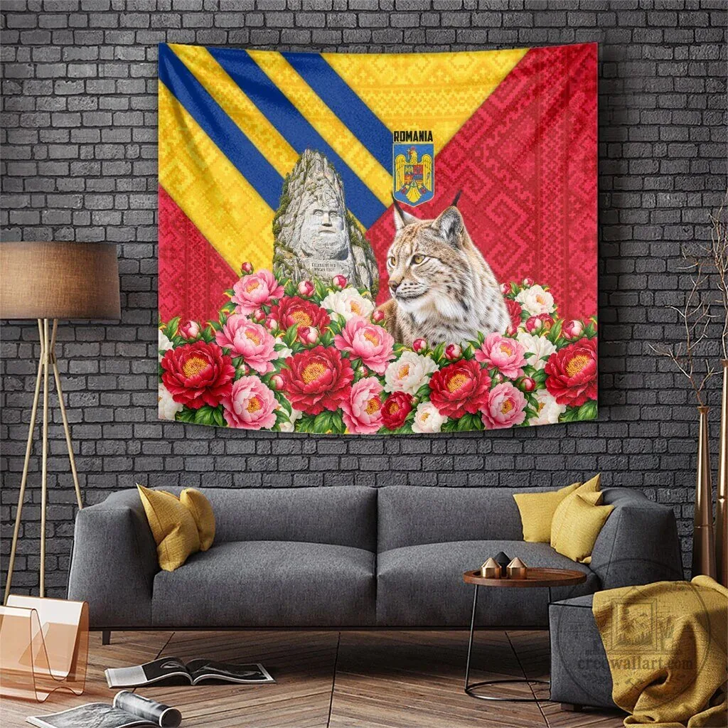 Romania Flag Lynx And Decebalus Rex Tapestry With Peony Floral Motifs