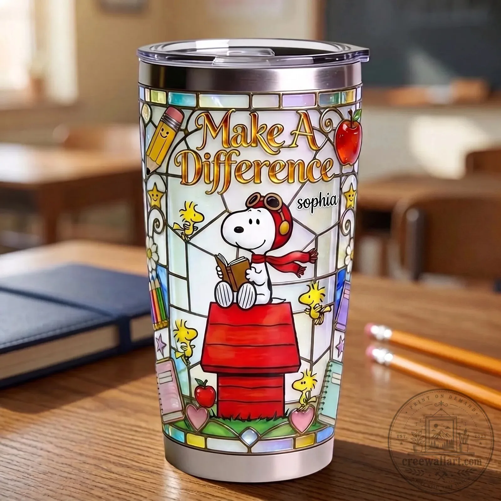 Personalized Snoopy Reading Teacher Make A Difference Stainless Steel Tumbler