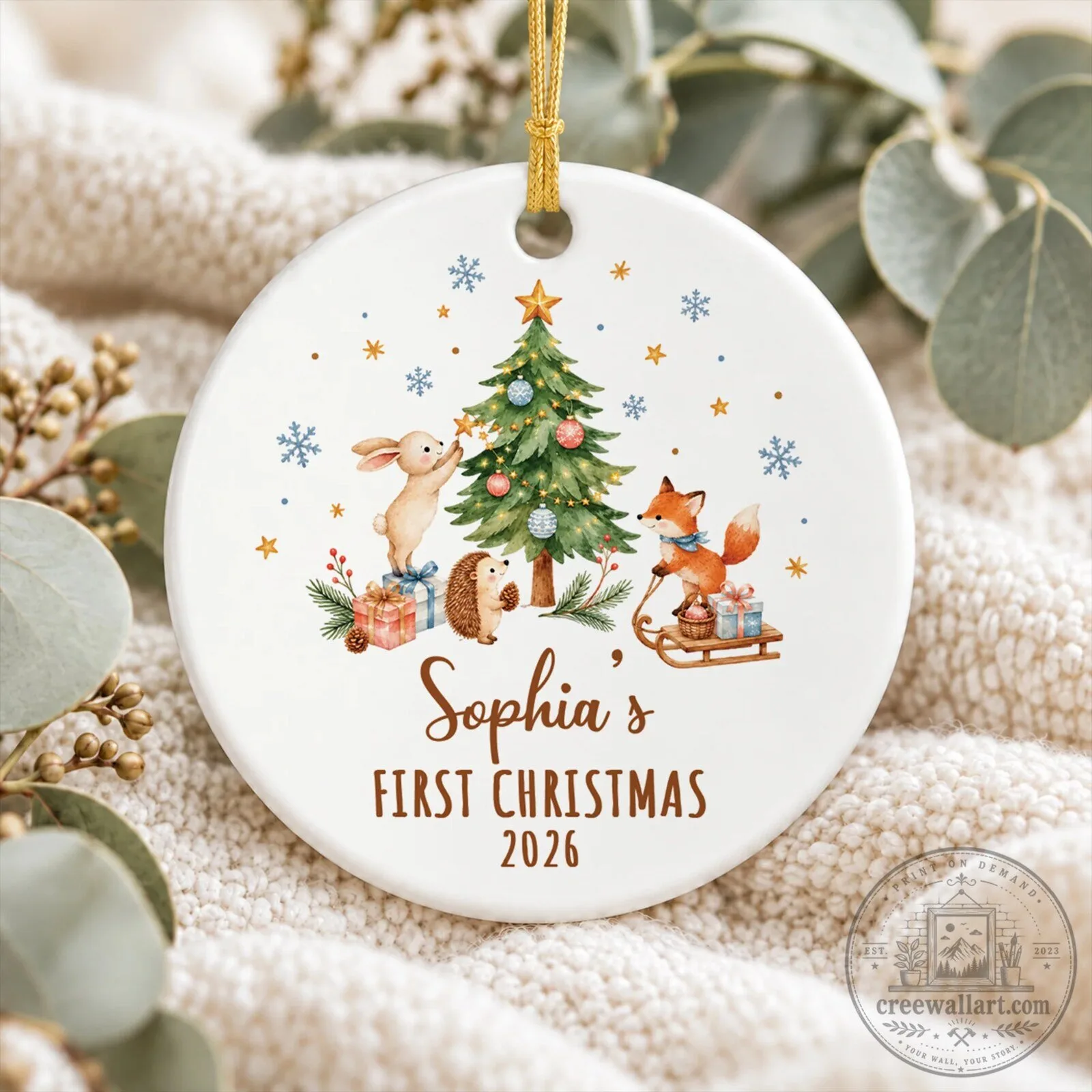 Baby's First Christmas Personalized Ornament, Woodland Animals Holiday Keepsake