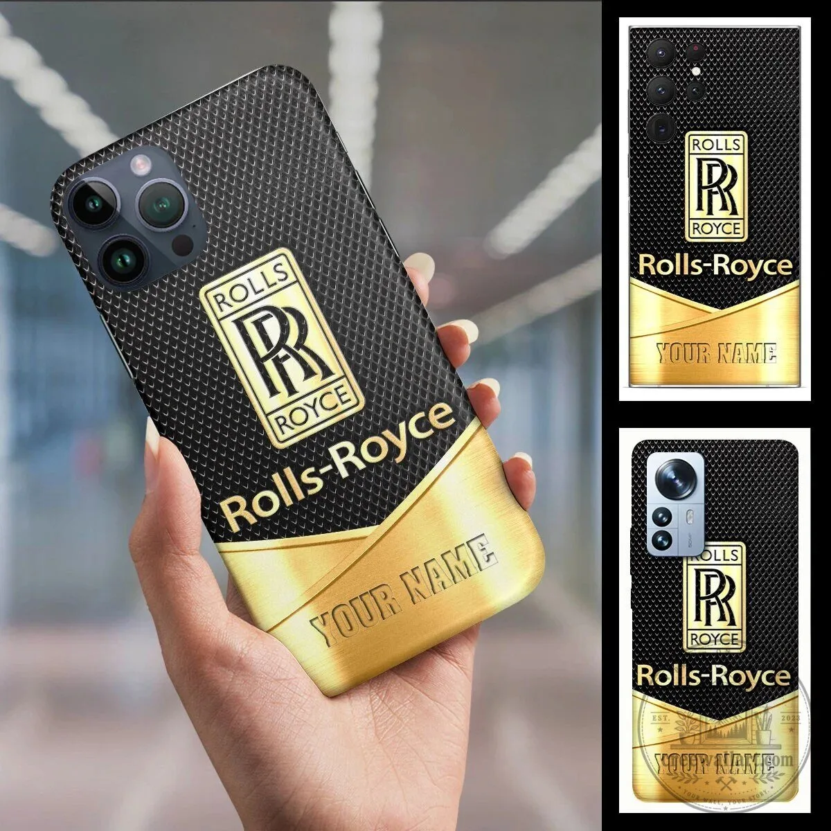 Rolls-Royce Luxury Gold Personalized Name Carbon Fiber Pattern Phone Case