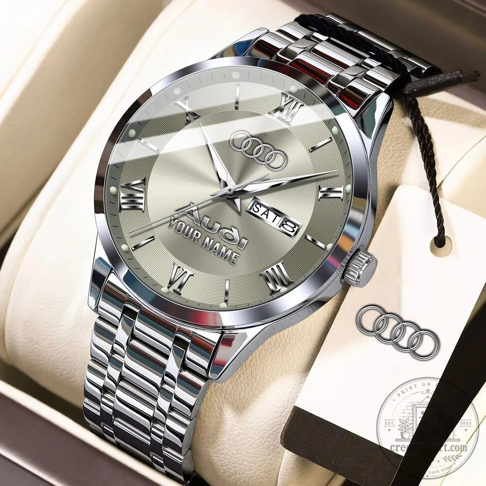 Audi Silver Stainless Steel Custom Name Elegant Fashion Watch