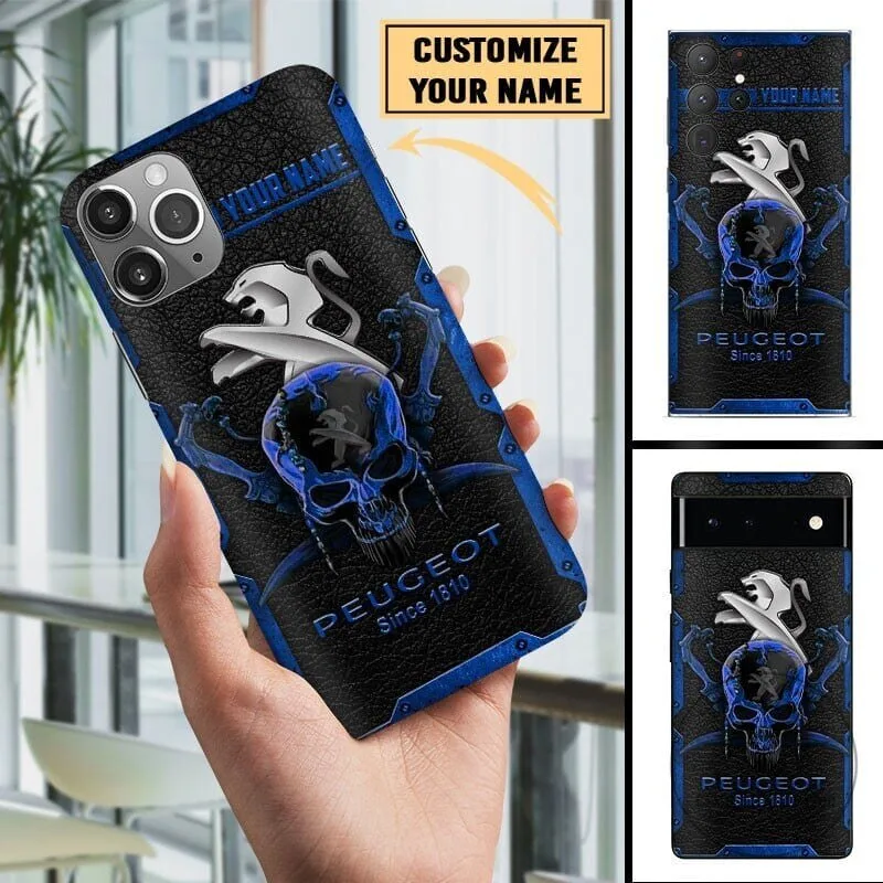 Peugeot Car Logo Blue Skull Custom Name All Models Phone Case