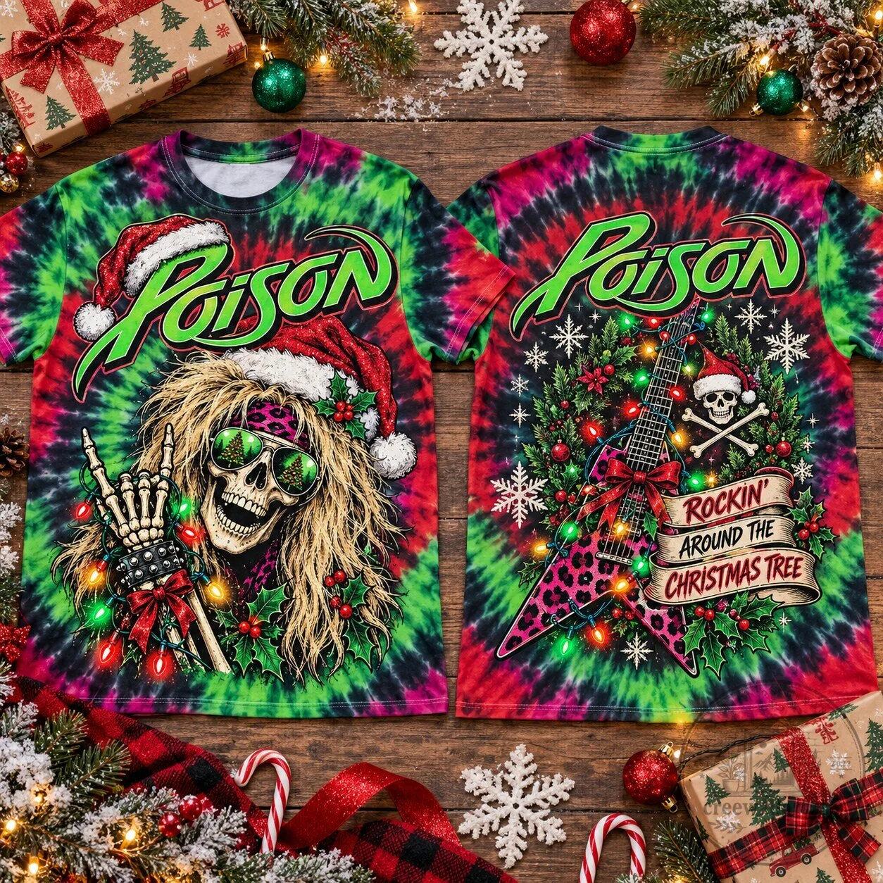 Poison Rockin' Around The Christmas Tree Skull Glam Metal Band T-Shirt